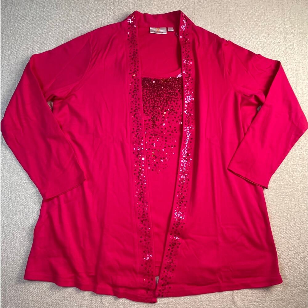 Quacker Factory Women’s 1X Pink Built-in Tank & Open Front Cardigan Set NWOT